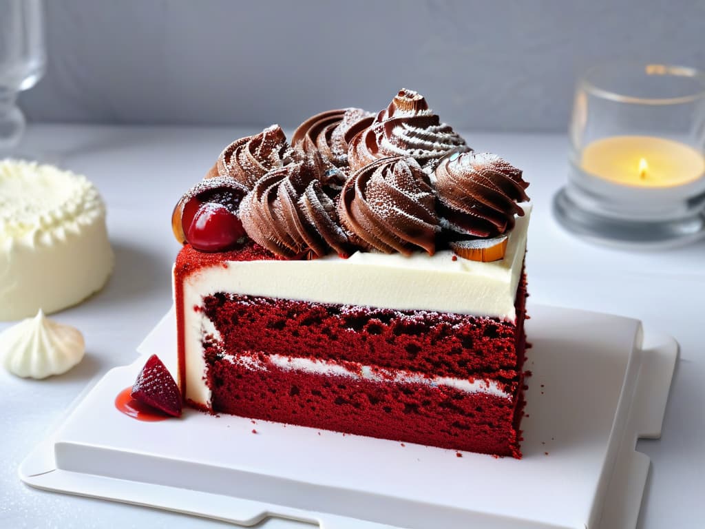  An ultradetailed closeup image of a slice of Red Velvet Cake on a white marble plate, showcasing its rich red color contrasted with a dollop of white cream cheese frosting elegantly swirled on top. The cake crumb should be moist and velvety, with subtle hints of cocoa peeking through the layers. The image captures the glossy sheen of the frosting, highlighting intricate details like tiny red velvet crumbs sprinkled delicately on the surface, creating a visually striking and mouthwatering composition that exudes sophistication and indulgence. hyperrealistic, full body, detailed clothing, highly detailed, cinematic lighting, stunningly beautiful, intricate, sharp focus, f/1. 8, 85mm, (centered image composition), (professionally color graded), ((bright soft diffused light)), volumetric fog, trending on instagram, trending on tumblr, HDR 4K, 8K