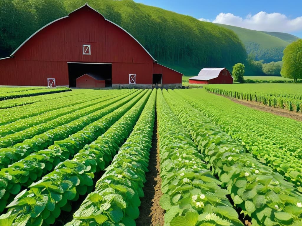  An ultradetailed image of a pristine, sunlit organic farm showcasing rows of vibrant green crops like strawberries, blueberries, and mint. In the background, a rustic barn and a clear blue sky add an idyllic touch. Bees can be seen pollinating the flowers, and a gentle breeze causes the plants to sway gracefully. The colors are rich and vivid, capturing the essence of fresh, organic ingredients in a visually striking yet minimalistic composition. hyperrealistic, full body, detailed clothing, highly detailed, cinematic lighting, stunningly beautiful, intricate, sharp focus, f/1. 8, 85mm, (centered image composition), (professionally color graded), ((bright soft diffused light)), volumetric fog, trending on instagram, trending on tumblr, HDR 4K, 8K