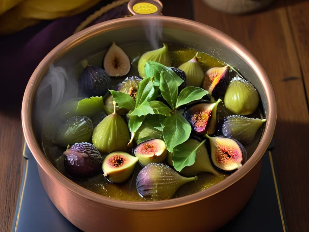  A closeup, ultradetailed image of ripe figs being gently simmered in a copper pot filled with a rich, amberhued syrup. The figs are glistening with the syrup, and wisps of steam rise delicately from the pot, creating a warm and inviting atmosphere. The copper pot is set against a rustic, wooden backdrop, enhancing the natural, homemade feel of the scene. This minimalistic yet highly detailed image conveys the essence of preparing homemade fig jam with a touch of elegance and warmth. hyperrealistic, full body, detailed clothing, highly detailed, cinematic lighting, stunningly beautiful, intricate, sharp focus, f/1. 8, 85mm, (centered image composition), (professionally color graded), ((bright soft diffused light)), volumetric fog, trending on instagram, trending on tumblr, HDR 4K, 8K