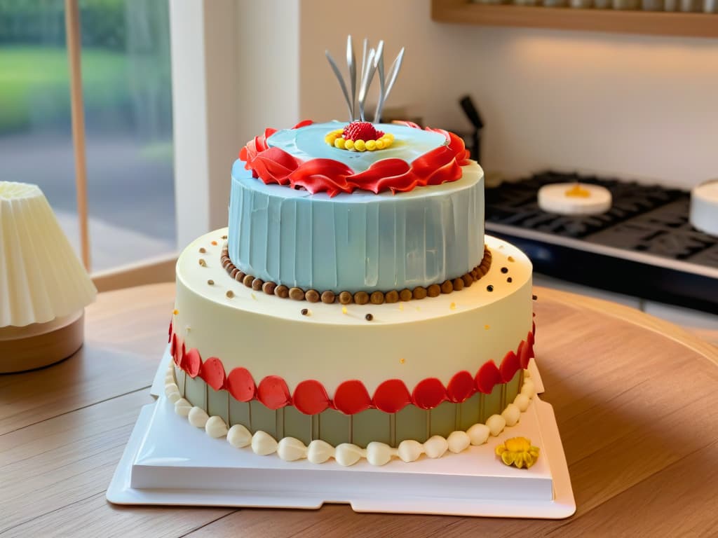  A photorealistic image of Mary Berry elegantly decorating a multitiered cake with intricate piping details, surrounded by a warm and inviting kitchen filled with an array of colorful baking ingredients and tools. The sunlight streaming in through a nearby window highlights her focused expression and the delicate craftsmanship of her confectionary creation, capturing the essence of her enduring legacy in the world of British baking. hyperrealistic, full body, detailed clothing, highly detailed, cinematic lighting, stunningly beautiful, intricate, sharp focus, f/1. 8, 85mm, (centered image composition), (professionally color graded), ((bright soft diffused light)), volumetric fog, trending on instagram, trending on tumblr, HDR 4K, 8K