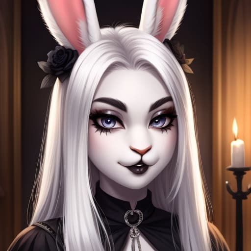  A rabbit goth, White hair, piercing, beautiful expression face, detailled eyes,, open eyes, digital art, masterpiece, 4k, fine details,