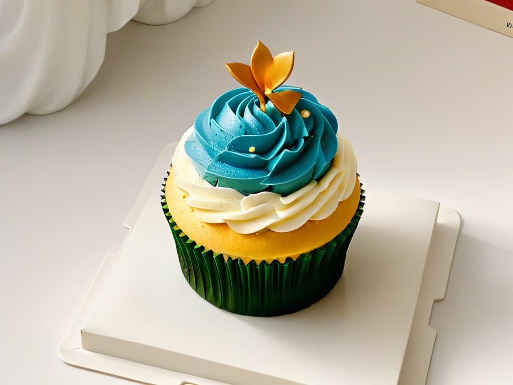  A minimalist image of a beautifully decorated cupcake with intricate frosting details, set against a clean white background to emphasize the artistry and craftsmanship of thematic merchandising in bakery branding. The cupcake features vibrant colors and whimsical designs that showcase the creativity and attention to detail involved in thematic pastry decoration. hyperrealistic, full body, detailed clothing, highly detailed, cinematic lighting, stunningly beautiful, intricate, sharp focus, f/1. 8, 85mm, (centered image composition), (professionally color graded), ((bright soft diffused light)), volumetric fog, trending on instagram, trending on tumblr, HDR 4K, 8K