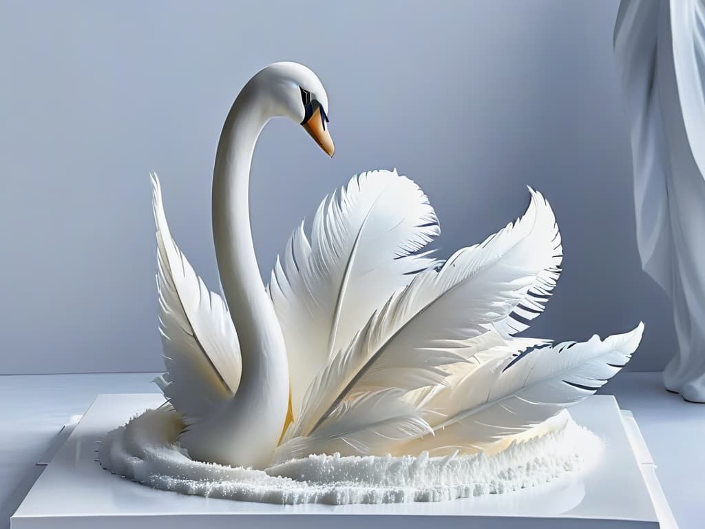  A closeup, ultradetailed image of a delicate sugar sculpture being meticulously carved by a skilled artist's hands. The sculpture takes the form of a graceful swan, with intricate feather details and a lifelike appearance. The artist's hands, adorned with tiny tools, are captured in the midst of creating the delicate curves and textures of the sugar swan, showcasing the precision and artistry required in sculpting sugar art. The background is softly blurred, emphasizing the focus on the artist's hands and the exquisite details of the sugar sculpture. hyperrealistic, full body, detailed clothing, highly detailed, cinematic lighting, stunningly beautiful, intricate, sharp focus, f/1. 8, 85mm, (centered image composition), (professionally color graded), ((bright soft diffused light)), volumetric fog, trending on instagram, trending on tumblr, HDR 4K, 8K