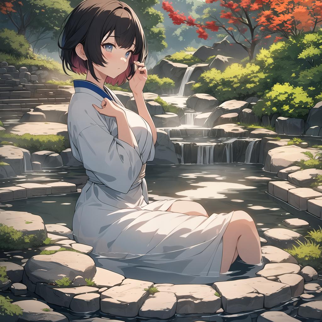  masterpiece, high quality, 4K, HDR BREAK,japanese anime,A old with large eyes, short hair, and downcast eyes steps into a hot spring, covering her with her right hand. She has an embarred, unhappy expression on her face.BREAK Close up, eye level BREAK Tranquil natural setting with a Japanese style hot spring and lush foliage. hyperrealistic, full body, detailed clothing, highly detailed, cinematic lighting, stunningly beautiful, intricate, sharp focus, f/1. 8, 85mm, (centered image composition), (professionally color graded), ((bright soft diffused light)), volumetric fog, trending on instagram, trending on tumblr, HDR 4K, 8K