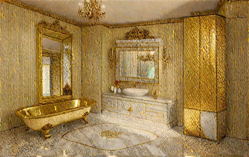  Opulent baroque style bathroom with ornate clawfoot bathtub, luxurious vanity, gilded mirrors, intricate wall carvings, marble flooring, lavish chandelier, rich gold and ivory color palette, highly detailed, 16:9 ar 1024:655, high resolution, sharp focus, in frame, (perfect image composition), ((masterpiece)), (professionally color graded), ((bright soft diffused light))