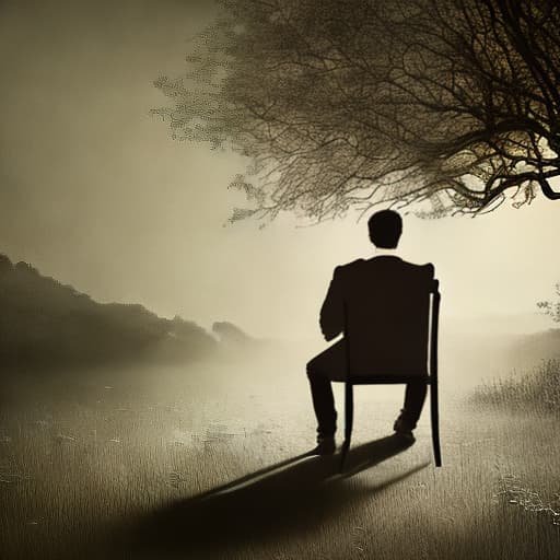 dublex style hd, b&w, drawing, sitting and thinking man in a chair, in a room, wearing glasses, nature inside the man