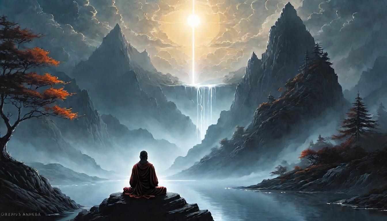  （surrealism)figure in calm meditation pose, tranquil expression, serene surroundings, detaching from dark tendrils, flowing robes, light aura shielding from darkness, calm, resolute mystic, intricate details, best quality)