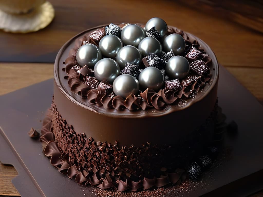  A closeup, ultradetailed image of dark chocolate pearls in various sizes, glistening under a soft light to showcase their luxurious texture and rich color. Each pearl is perfectly round, with a smooth surface that reflects the surrounding light, creating a mesmerizing and elegant composition that embodies the essence of chocolate caviar. The minimalistic style highlights the beauty and sophistication of this unique ingredient for the chocolate caviar recipe, enticing readers with its visual appeal and culinary allure. hyperrealistic, full body, detailed clothing, highly detailed, cinematic lighting, stunningly beautiful, intricate, sharp focus, f/1. 8, 85mm, (centered image composition), (professionally color graded), ((bright soft diffused light)), volumetric fog, trending on instagram, trending on tumblr, HDR 4K, 8K