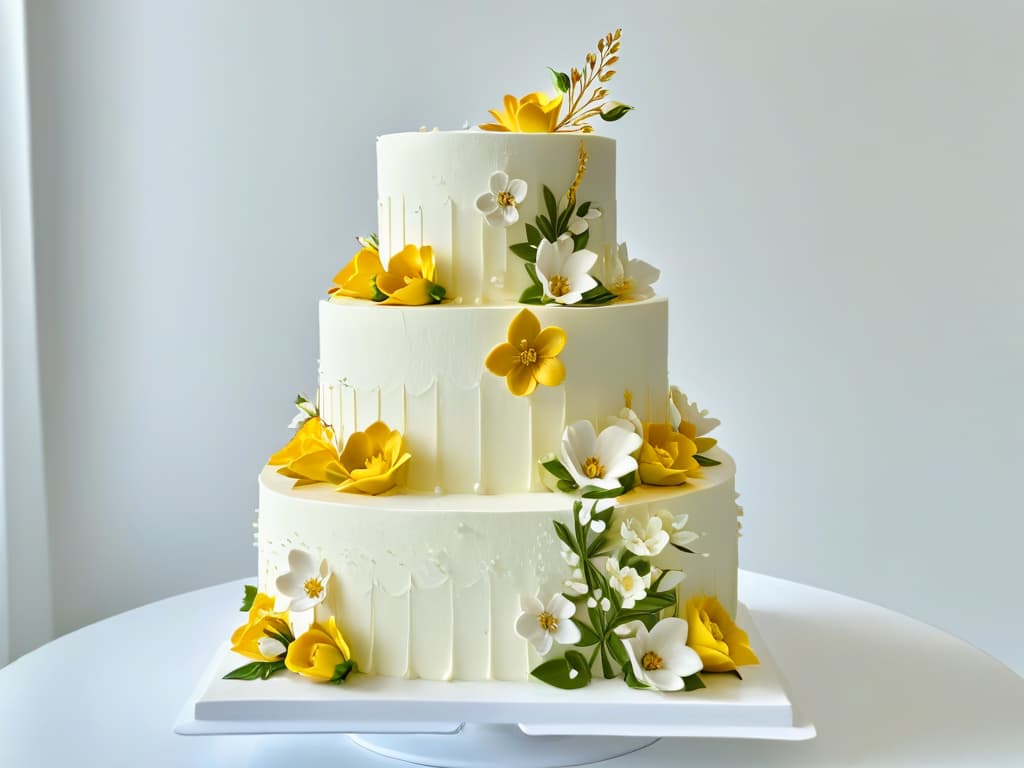  A highresolution, ultradetailed image of a multilayered, intricately designed wedding cake showcasing advanced pastry techniques such as delicate sugar flowers, intricate piping work, and shimmering edible gold accents. The cake is displayed on a sleek, modern cake stand against a clean, white background, emphasizing the elegance and sophistication of advanced pastry artistry. hyperrealistic, full body, detailed clothing, highly detailed, cinematic lighting, stunningly beautiful, intricate, sharp focus, f/1. 8, 85mm, (centered image composition), (professionally color graded), ((bright soft diffused light)), volumetric fog, trending on instagram, trending on tumblr, HDR 4K, 8K