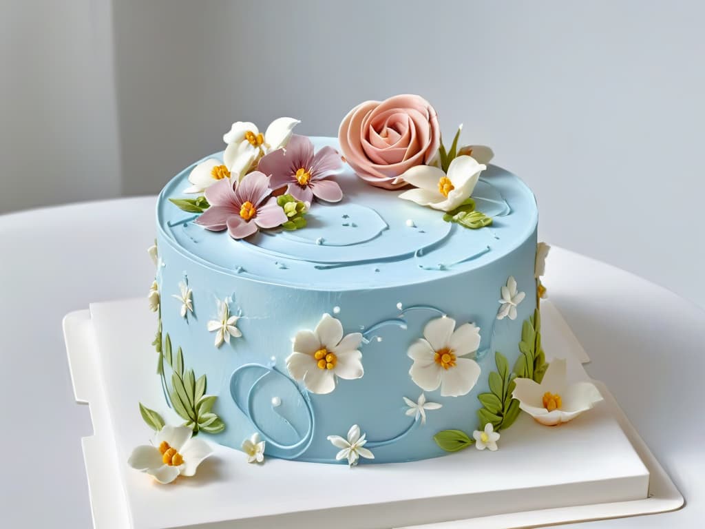  A closeup, ultradetailed image of a beautifully decorated cake with intricate piping designs in pastel colors, set against a simple, white background. The cake features delicate flowers, swirls, and elegant details that showcase the artistry of pastry decoration. Each intricate detail is perfectly executed, highlighting the skill and precision of the baker. The image exudes a sense of sophistication and elegance, making it a visually captivating representation of the art of pastry decoration. hyperrealistic, full body, detailed clothing, highly detailed, cinematic lighting, stunningly beautiful, intricate, sharp focus, f/1. 8, 85mm, (centered image composition), (professionally color graded), ((bright soft diffused light)), volumetric fog, trending on instagram, trending on tumblr, HDR 4K, 8K