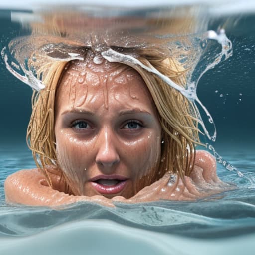  tanned blonde woman's face drowning and sinking in water she's panic