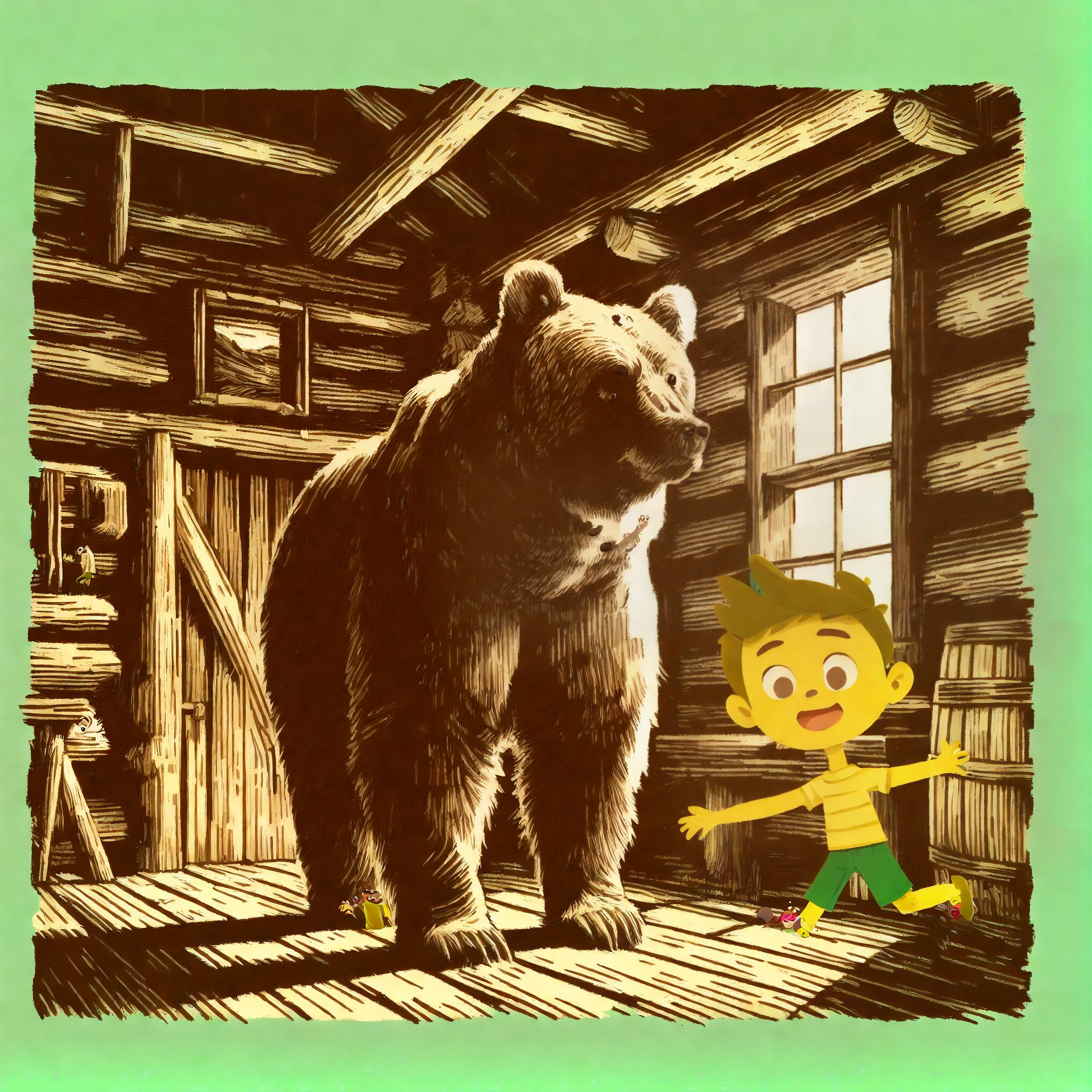  a boy with yellow hat and brown shirt and green pants, a bear standing, in the cabin