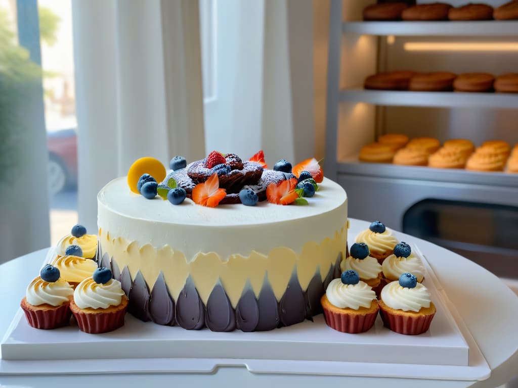  An ultradetailed, minimalist image of a pristine white marble kitchen countertop, adorned with an array of freshly baked and intricately decorated cakes and pastries. The sunlight streaming in from a nearby window casts soft, elegant shadows, emphasizing the delicate details of the desserts. Each sweet creation is meticulously crafted, showcasing a variety of colors, textures, and designs that exude sophistication and artistry. hyperrealistic, full body, detailed clothing, highly detailed, cinematic lighting, stunningly beautiful, intricate, sharp focus, f/1. 8, 85mm, (centered image composition), (professionally color graded), ((bright soft diffused light)), volumetric fog, trending on instagram, trending on tumblr, HDR 4K, 8K