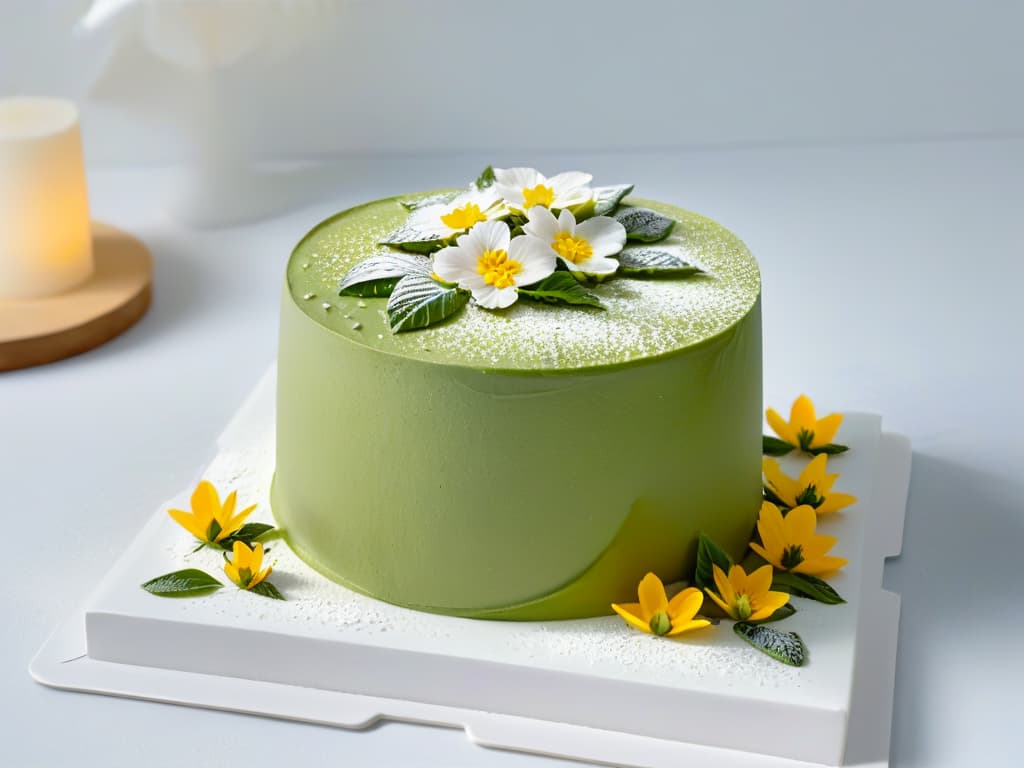  A highresolution image of a beautifully decorated vegan matcha green tea cake topped with edible flowers and a dusting of powdered sugar, displayed on a sleek, modern white cake stand against a clean, minimalist background. hyperrealistic, full body, detailed clothing, highly detailed, cinematic lighting, stunningly beautiful, intricate, sharp focus, f/1. 8, 85mm, (centered image composition), (professionally color graded), ((bright soft diffused light)), volumetric fog, trending on instagram, trending on tumblr, HDR 4K, 8K