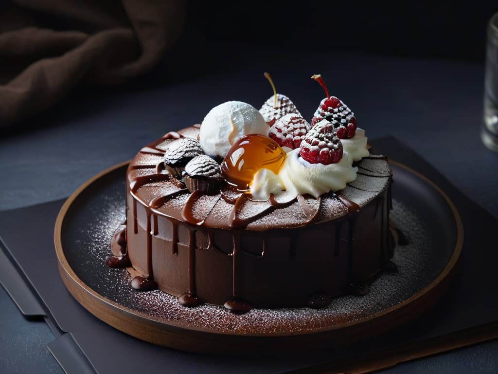  A closeup, ultradetailed image of a perfectly balanced dessert plate featuring a decadent slice of chocolate cake topped with a delicate raspberry, a scoop of creamy vanilla ice cream, and a drizzle of rich caramel sauce, all artistically arranged on elegant white porcelain against a sleek black background, showcasing the ideal macronutrient proportions in a visually appealing and minimalist style. hyperrealistic, full body, detailed clothing, highly detailed, cinematic lighting, stunningly beautiful, intricate, sharp focus, f/1. 8, 85mm, (centered image composition), (professionally color graded), ((bright soft diffused light)), volumetric fog, trending on instagram, trending on tumblr, HDR 4K, 8K