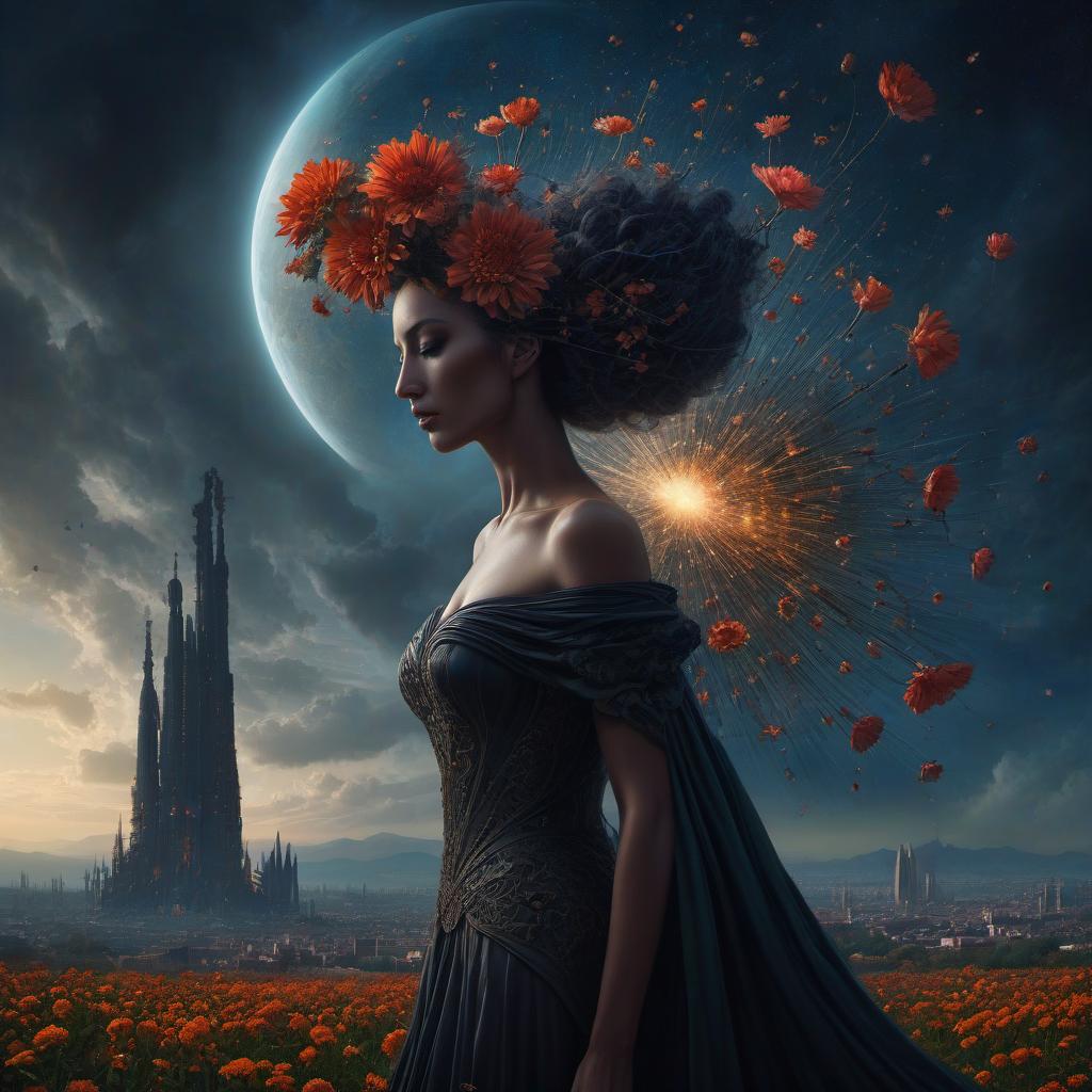  (stylized by Tomasz Alen Kopera:1.3) , dark art, dense flower field and Perseid meteor in background, landscape of a (Barcelona:1.2) , very Bizarre and 1600'S, Hurricane, Glitchcore, Amaro, layered textures, ornate, intricate artistic color, complimentary colors, very inspirational, atmosphere, fine artistic composition, sunny, theatrical hyperrealistic, full body, detailed clothing, highly detailed, cinematic lighting, stunningly beautiful, intricate, sharp focus, f/1. 8, 85mm, (centered image composition), (professionally color graded), ((bright soft diffused light)), volumetric fog, trending on instagram, trending on tumblr, HDR 4K, 8K