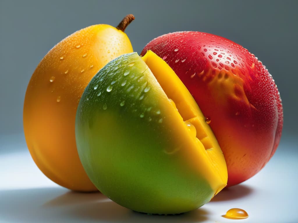  A closeup, ultradetailed image of a ripe, juicy mango being sliced open, showcasing the vibrant orange flesh and glistening droplets of juice, set against a simple, clean background to emphasize the freshness and quality of the ingredient. hyperrealistic, full body, detailed clothing, highly detailed, cinematic lighting, stunningly beautiful, intricate, sharp focus, f/1. 8, 85mm, (centered image composition), (professionally color graded), ((bright soft diffused light)), volumetric fog, trending on instagram, trending on tumblr, HDR 4K, 8K