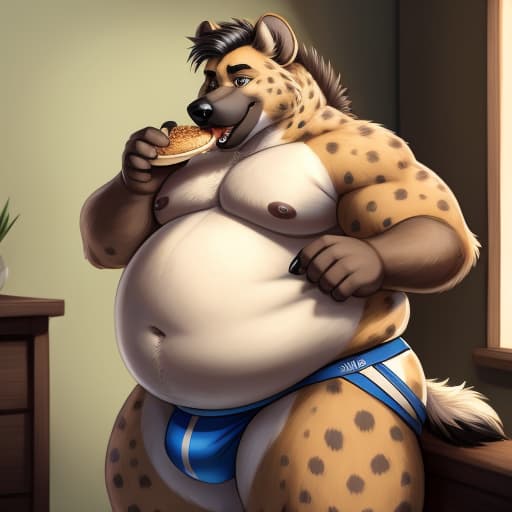  spotted hyena, male, overweight, big belly, fat arms, fat legs, eating, tight clothes, detailed crotch, jockstrap, fat, open eyes, digital art, masterpiece, 4k, fine details,