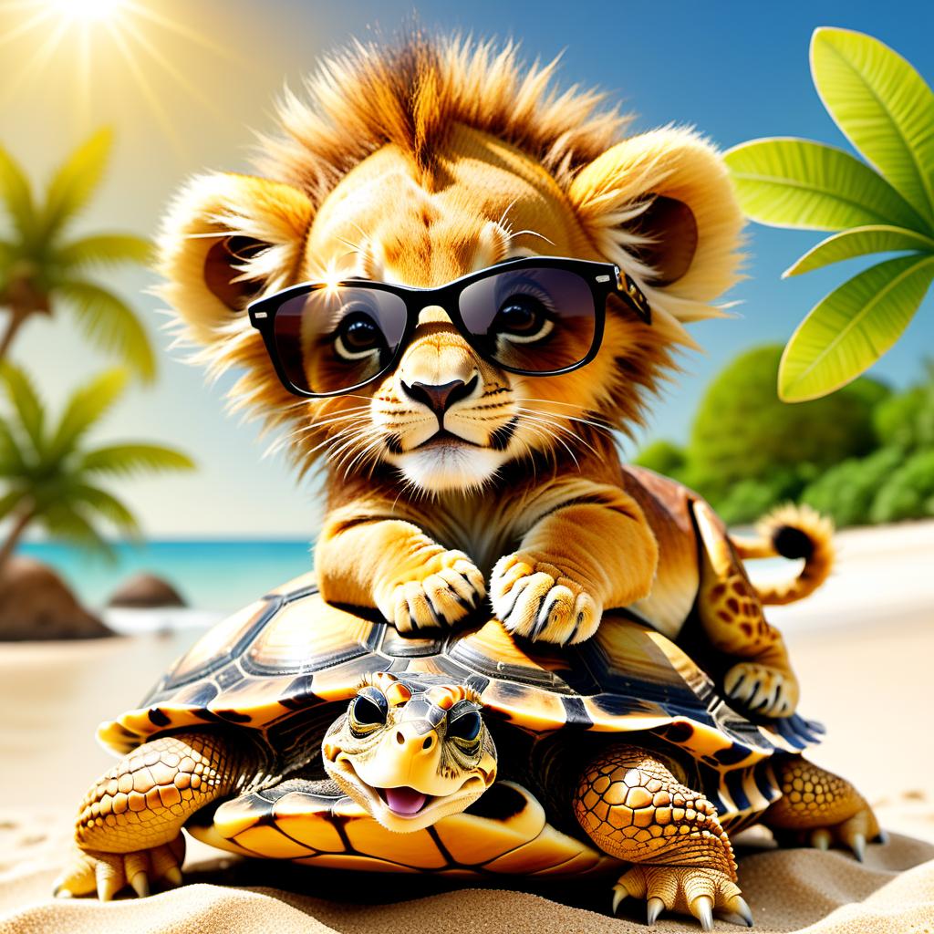  Mandy Disher style, cartoon style, (one cute lion cub and one big turtle:1,5), the lion cub has a thick mane, they are having fun on the beach, the lion cub is sitting on top of a turtle shell, the turtle has a brown shell, the turtle is wearing big sunglasses on his face, they are having fun, carefree life, sun, sea, palm tree
