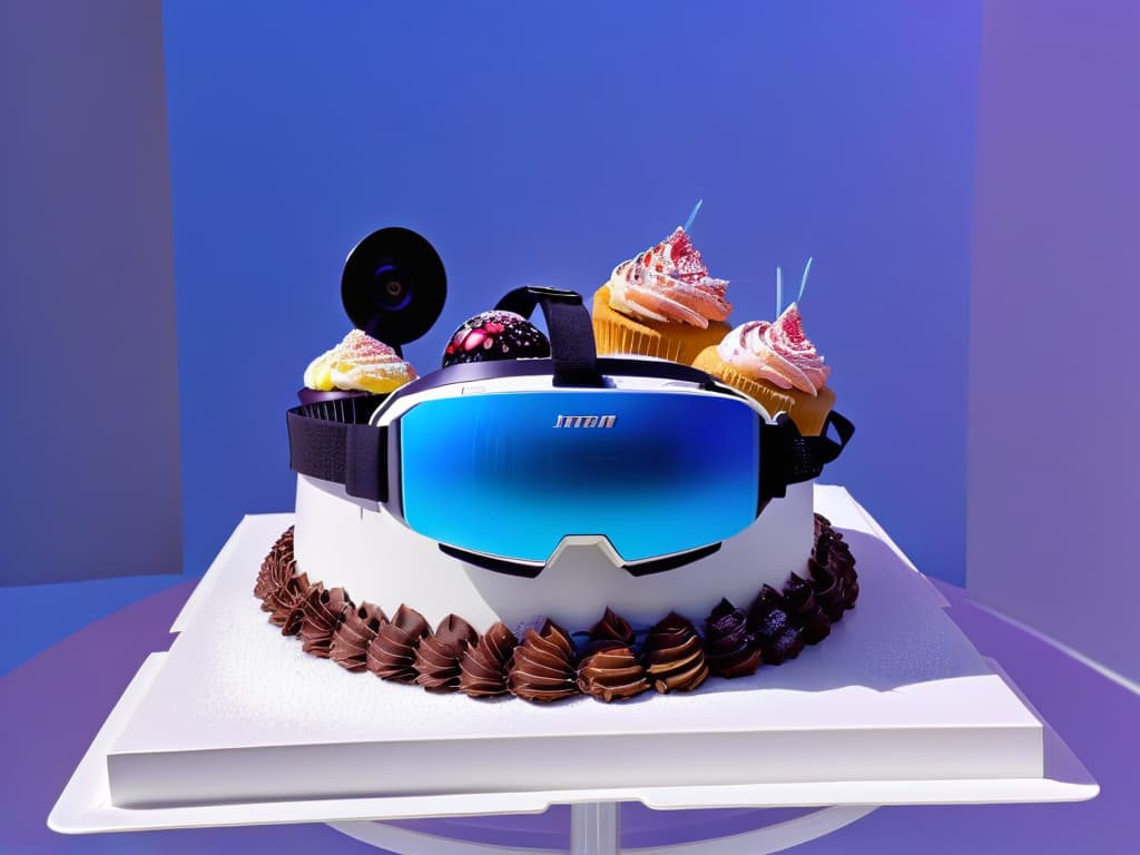  A minimalistic image of a sleek, futuristic virtual reality headset suspended in midair, surrounded by digital confectionery creations like cakes, pastries, and chocolates. The backdrop is a subtle gradient from deep blue to vibrant purple, giving the impression of a digital realm where baking and technology seamlessly merge. hyperrealistic, full body, detailed clothing, highly detailed, cinematic lighting, stunningly beautiful, intricate, sharp focus, f/1. 8, 85mm, (centered image composition), (professionally color graded), ((bright soft diffused light)), volumetric fog, trending on instagram, trending on tumblr, HDR 4K, 8K