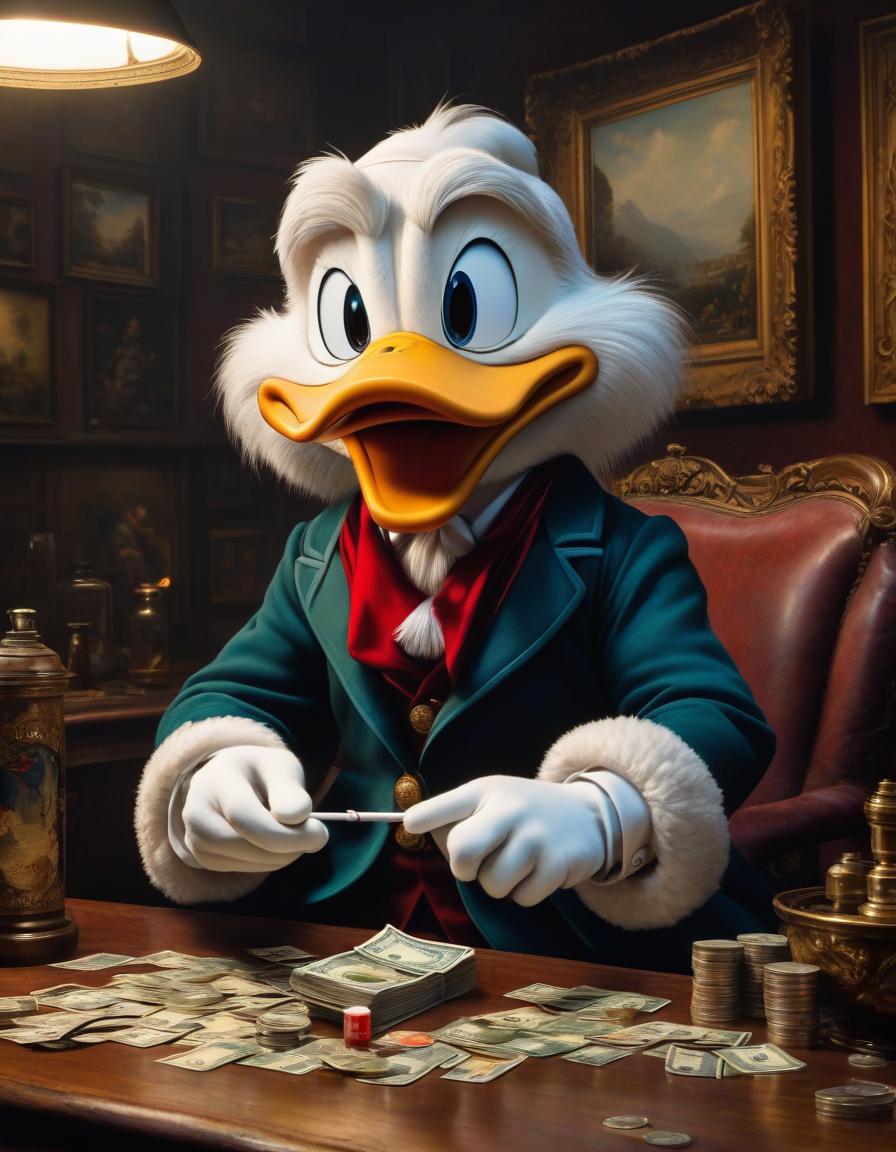  A large brush painting, droplets of paint, Scrooge McDuck sitting at a table like a person, in his hands a packet of money, and a cigarette in a R altitude. An oil painting, in the Pixar style. hyperrealistic, full body, detailed clothing, highly detailed, cinematic lighting, stunningly beautiful, intricate, sharp focus, f/1. 8, 85mm, (centered image composition), (professionally color graded), ((bright soft diffused light)), volumetric fog, trending on instagram, trending on tumblr, HDR 4K, 8K