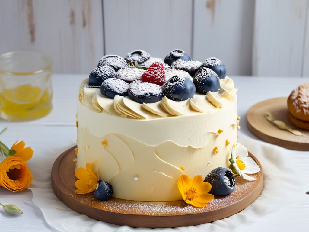  A photorealistic image of a beautifully decorated glutenfree cake, adorned with fresh berries, edible flowers, and delicate frosting swirls. The cake stands on a rustic wooden table, surrounded by baking ingredients like almond flour, coconut sugar, and vanilla beans. The soft natural light coming through a nearby window highlights the textures of the cake layers and the vibrant colors of the toppings, creating an inviting and appetizing scene for readers interested in healthy glutenfree baking. hyperrealistic, full body, detailed clothing, highly detailed, cinematic lighting, stunningly beautiful, intricate, sharp focus, f/1. 8, 85mm, (centered image composition), (professionally color graded), ((bright soft diffused light)), volumetric fog, trending on instagram, trending on tumblr, HDR 4K, 8K