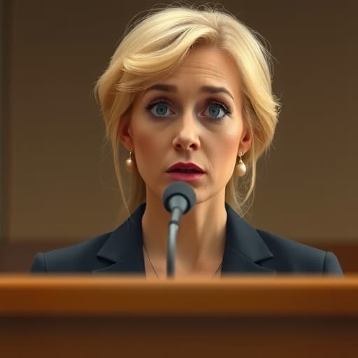  the face of a scared middle aged blond woman who stands at a podium defending herself in court in the style of tatsuro kiuchi, minimalism, simple v 6.1 s 750 hyperrealistic, full body, detailed clothing, highly detailed, cinematic lighting, stunningly beautiful, intricate, sharp focus, f/1. 8, 85mm, (centered image composition), (professionally color graded), ((bright soft diffused light)), volumetric fog, trending on instagram, trending on tumblr, HDR 4K, 8K