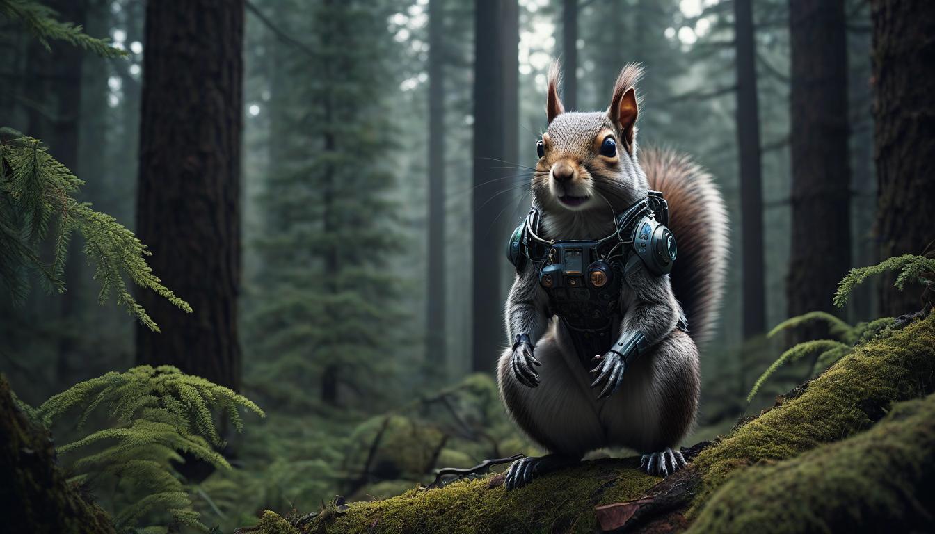  cybernetic style dark and gritty, biomechanical anthropomorphic creepy squirrel, menacing stare at viewer, pine forest backdrop, dynamic pose, cybernetic enhancements, eerie mood, detailed mechanics, harsh lighting, forest undergrowth, aggressive stance, ominous presence, detailed face . futuristic, technological, cybernetic enhancements, robotics, artificial intelligence themes hyperrealistic, full body, detailed clothing, highly detailed, cinematic lighting, stunningly beautiful, intricate, sharp focus, f/1. 8, 85mm, (centered image composition), (professionally color graded), ((bright soft diffused light)), volumetric fog, trending on instagram, trending on tumblr, HDR 4K, 8K