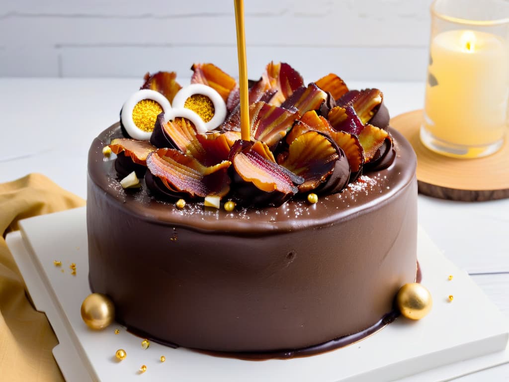  An ultradetailed, photorealistic image of a decadent chocolate cake topped with caramelized bacon pieces, sea salt flakes, and edible gold leaf. The cake sits on a sleek marble countertop, with a soft focus on a scattering of whole vanilla beans and a vintage whisk in the background. The warm golden hues of the caramel contrast beautifully with the rich, dark chocolate cake, showcasing a perfect balance of sweet and savory flavors. hyperrealistic, full body, detailed clothing, highly detailed, cinematic lighting, stunningly beautiful, intricate, sharp focus, f/1. 8, 85mm, (centered image composition), (professionally color graded), ((bright soft diffused light)), volumetric fog, trending on instagram, trending on tumblr, HDR 4K, 8K