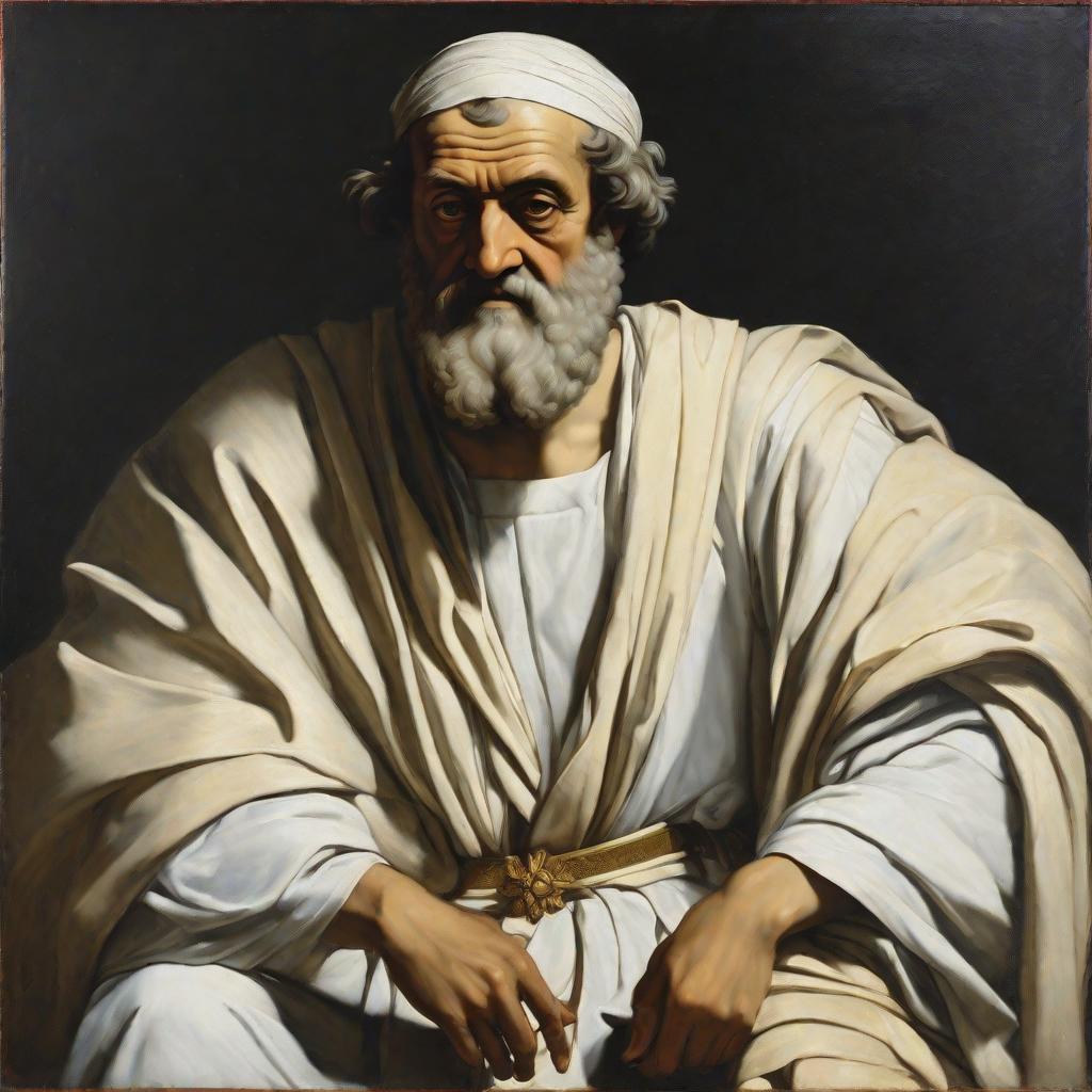  masterpiece, best quality,Painting of a portrait of Aristotle, Greek philosopher, dressed in a Greek white robe, front, head, solid black background