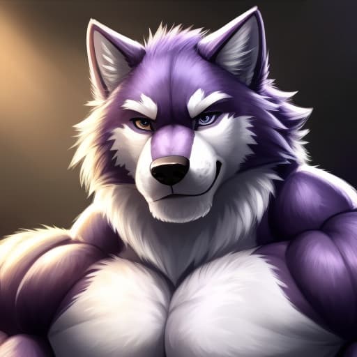  male, (Hyper muscular), wolf, anthropomorphic, )dark purple and white fur), (eyes without irises and pupils), (full body)(Gigantic biceps, triceps and pectorals), (bog cock), open eyes, digital art, masterpiece, 4k, fine details,