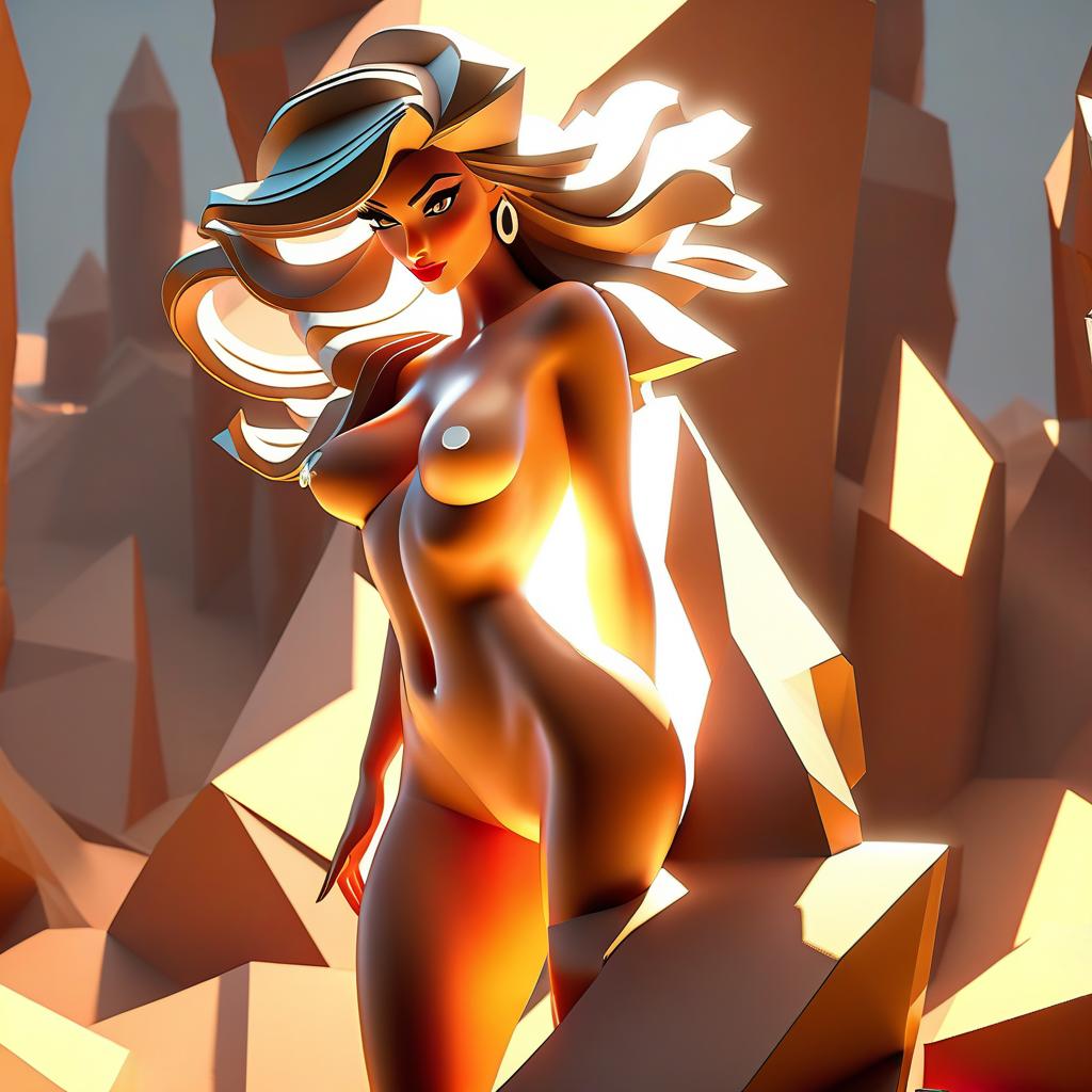  low poly style A large bare breasted woman. . low poly game art, polygon mesh, jagged, blocky, wireframe edges, centered composition hyperrealistic, full body, detailed clothing, highly detailed, cinematic lighting, stunningly beautiful, intricate, sharp focus, f/1. 8, 85mm, (centered image composition), (professionally color graded), ((bright soft diffused light)), volumetric fog, trending on instagram, trending on tumblr, HDR 4K, 8K