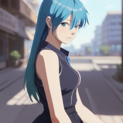  masterpiece. blurry background. loocing at viewers. 1girl. blue hair. Makoto Shinkai style. bangs. vibrant colors. 8K. high details. in the style skin of furry art. Ferrania p30. blue eyes. full body