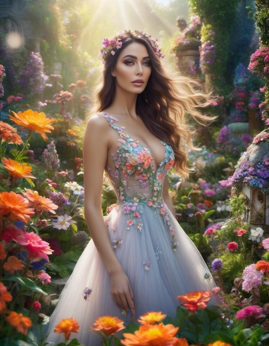  fantasy art beautiful girl in a dress of flowers in a fairy garden close up brightly colourful sunny botanical a hyperrealistic, full body, detailed clothing, highly detailed, cinematic lighting, stunningly beautiful, intricate, sharp focus, f/1. 8, 85mm, (centered image composition), (professionally color graded), ((bright soft diffused light)), volumetric fog, trending on instagram, trending on tumblr, HDR 4K, 8K