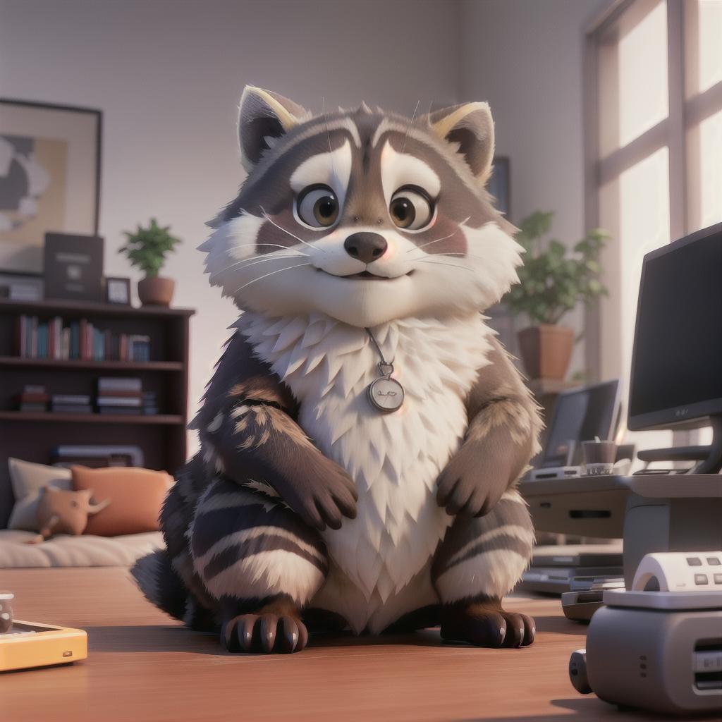  raccoon sitting in gaming chair front a computer on desktop, ((semi anthropomorphic)),(full body), tail, belly, sitting, fat, (chubby), (((white background))), solo, desktop, gaming chair, side view,  [[[clothes]]] hyperrealistic, full body, detailed clothing, highly detailed, cinematic lighting, stunningly beautiful, intricate, sharp focus, f/1. 8, 85mm, (centered image composition), (professionally color graded), ((bright soft diffused light)), volumetric fog, trending on instagram, trending on tumblr, HDR 4K, 8K