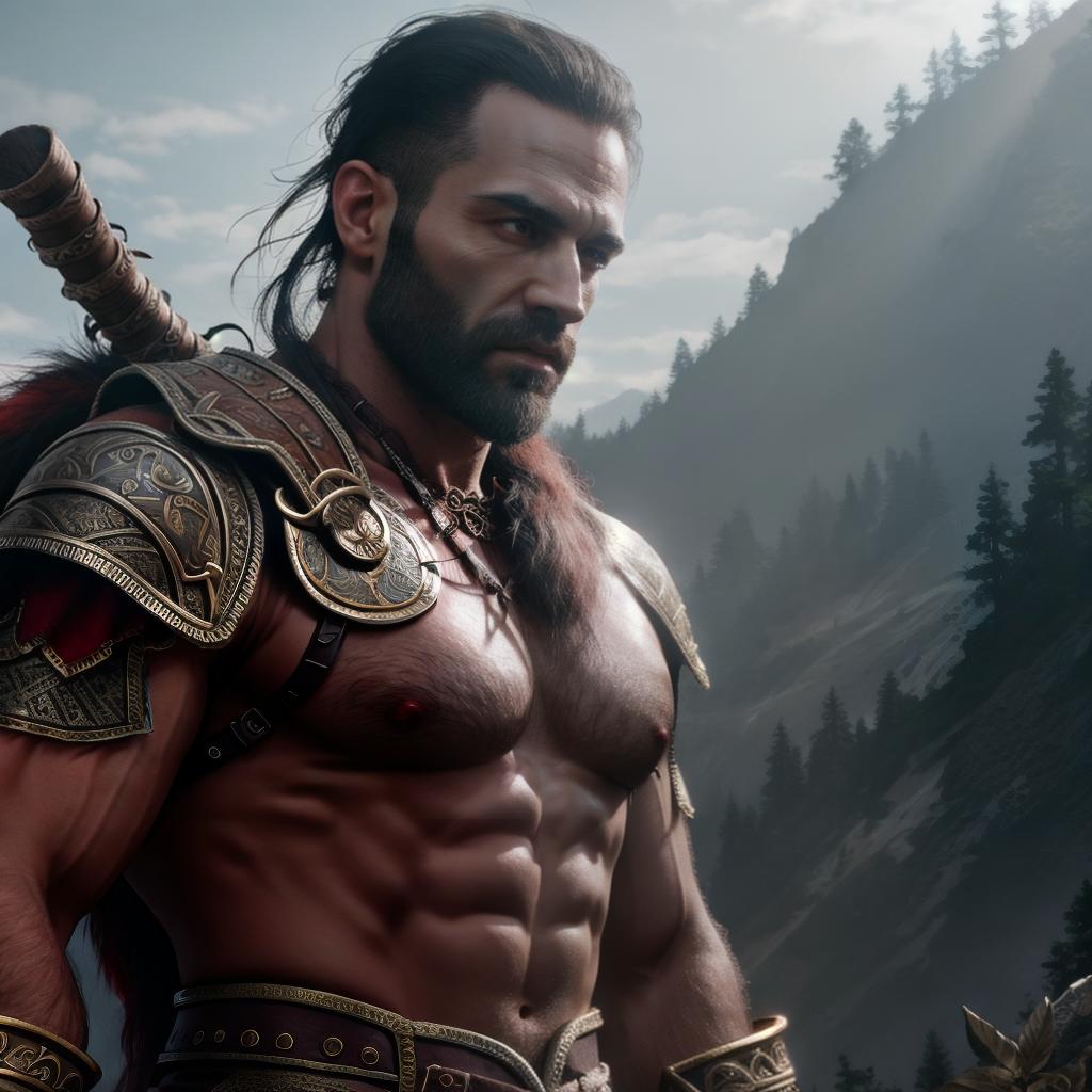  God of war hyperrealistic, full body, detailed clothing, highly detailed, cinematic lighting, stunningly beautiful, intricate, sharp focus, f/1. 8, 85mm, (centered image composition), (professionally color graded), ((bright soft diffused light)), volumetric fog, trending on instagram, trending on tumblr, HDR 4K, 8K