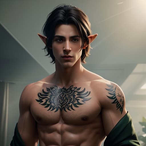  shirtless male, half-elf, short black hair, green eyes, tattoos, thin toned build, ranger, hyperrealistic, high quality, highly detailed, cinematic lighting, intricate, sharp focus, f/1. 8, 85mm, (centered image composition), (professionally color graded), ((bright soft diffused light)), volumetric fog, trending on instagram, HDR 4K, 8K