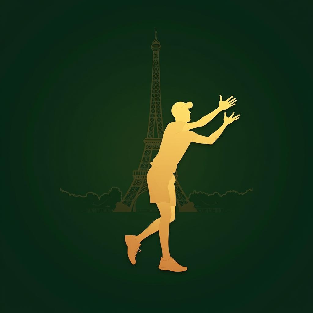  good quality, high quality, tennis player silhouette: gold silhouette of a tennis player serving with the eiffel tower glowing in the background on a dark green background.