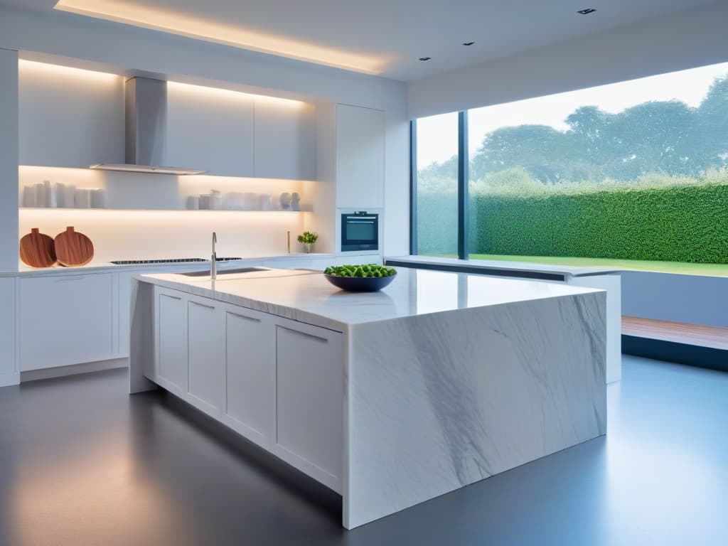  A minimalist yet captivating image of a sleek, modern kitchen with a large, pristine marble island as the focal point. The image features highend stainless steel appliances, clean lines, and soft, ambient lighting that creates a warm and inviting atmosphere. The overall aesthetic is sophisticated and luxurious, embodying the perfect setting for culinary learning and adventure. hyperrealistic, full body, detailed clothing, highly detailed, cinematic lighting, stunningly beautiful, intricate, sharp focus, f/1. 8, 85mm, (centered image composition), (professionally color graded), ((bright soft diffused light)), volumetric fog, trending on instagram, trending on tumblr, HDR 4K, 8K