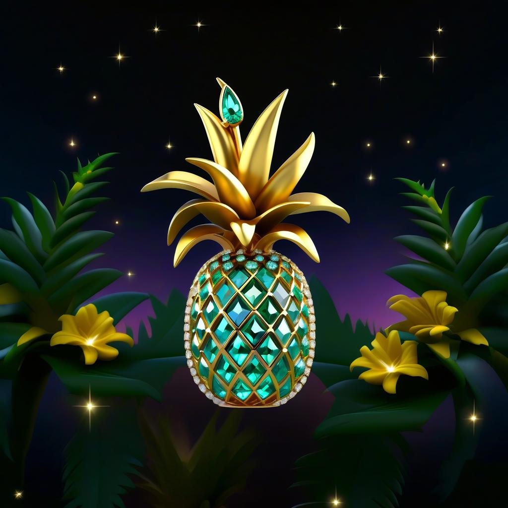  ethereal fantasy concept art of (Rama): made of gold and diamond chains with pendants of blue stones framed by small diamonds. (Pineapple): gold jewellery in the shape of a pineapple fruit decorated with amethyst inlays. The leaves are green coloured emeralds. On the left side the pineapple is framed by golden petunia flowers. (Background): night sky with shining golden stars and shards of diamonds, blue stones and amethysts. At the bottom and top of the background are three decorative thin gold stripes. . magnificent, celestial, ethereal, painterly, epic, majestic, magical, fantasy art, cover art, dreamy hyperrealistic, full body, detailed clothing, highly detailed, cinematic lighting, stunningly beautiful, intricate, sharp focus, f/1. 8, 85mm, (centered image composition), (professionally color graded), ((bright soft diffused light)), volumetric fog, trending on instagram, trending on tumblr, HDR 4K, 8K