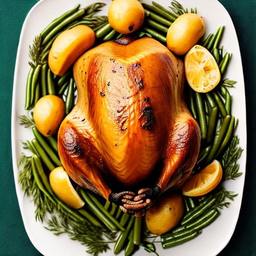  image of of an oven-baked turkey covered with herbs and lemon slices on a platter surrounded by potatoes, carrots and green beans