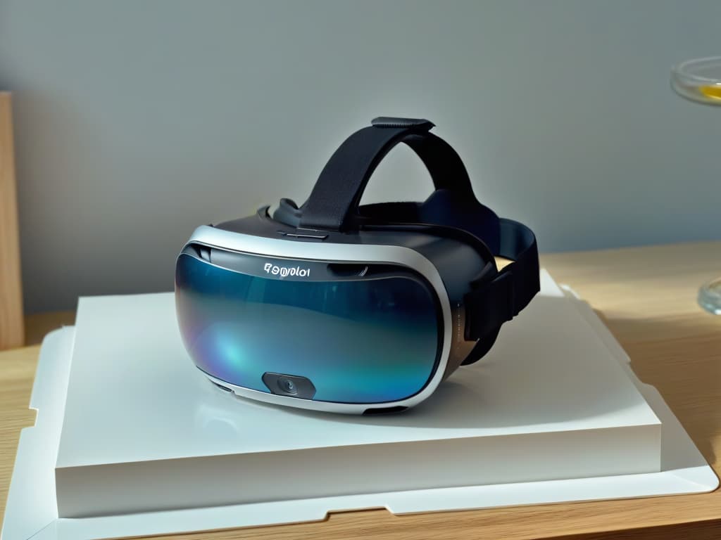  A closeup, ultradetailed image of a virtual reality headset with a sleek, modern design, featuring intricate wiring and highresolution lenses, set against a soft gradient background that subtly hints at a kitchen environment with subtle reflections of baking tools and ingredients. hyperrealistic, full body, detailed clothing, highly detailed, cinematic lighting, stunningly beautiful, intricate, sharp focus, f/1. 8, 85mm, (centered image composition), (professionally color graded), ((bright soft diffused light)), volumetric fog, trending on instagram, trending on tumblr, HDR 4K, 8K