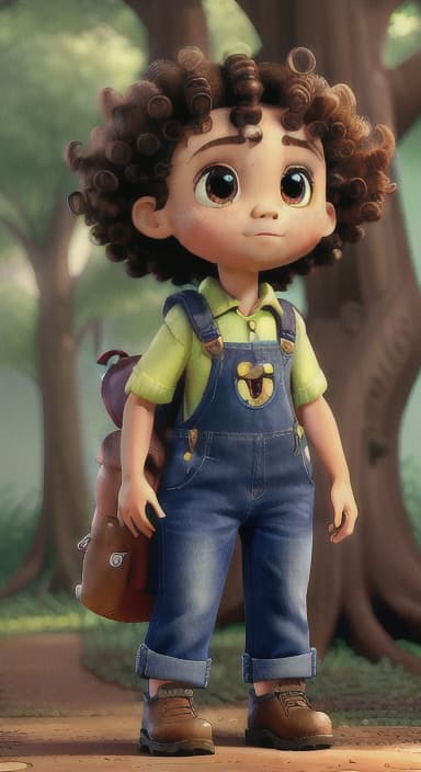  {The tree with a twinkling eye, while its leaves gently rustle., Riley, a curious with big brown eyes and curly hair, wearing overalls and carrying a small backpack. Their friend, Skye, a bluebird with shiny feathers.