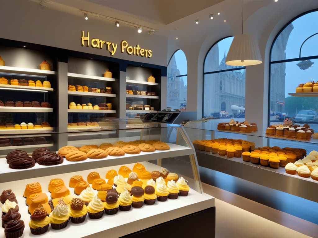  An ultradetailed illustration of a sleek, modern bakery storefront with a large window display showcasing meticulously crafted pop culturethemed desserts like a Harry Potterinspired cake, Star Warsthemed cupcakes, and Avengersthemed cookies. The storefront is adorned with subtle nods to popular trends in merchandising, such as minimalist signage and displays, giving off a chic and professional vibe. The image captures the fusion of trendy pop culture elements with the artistry of pastrymaking, perfectly embodying the concept of thematic merchandising in baking. hyperrealistic, full body, detailed clothing, highly detailed, cinematic lighting, stunningly beautiful, intricate, sharp focus, f/1. 8, 85mm, (centered image composition), (professionally color graded), ((bright soft diffused light)), volumetric fog, trending on instagram, trending on tumblr, HDR 4K, 8K