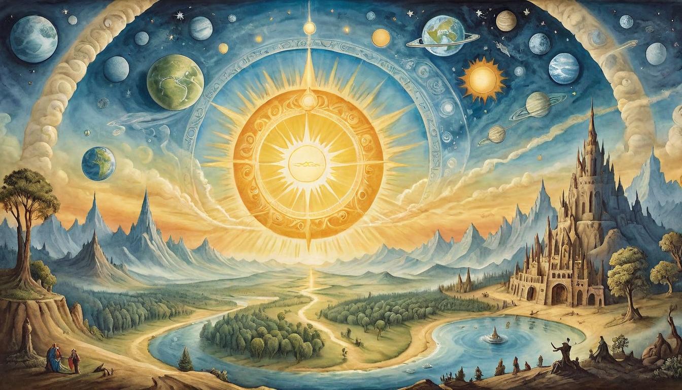  on parchment, surrealism+++, A radiant sun ascending over planet Earth, beams of light illuminating various landscapes, Earth encircled by a glowing aura, celestial, cosmic transformation(mysterious, provocative, symbolic,muted color)+++