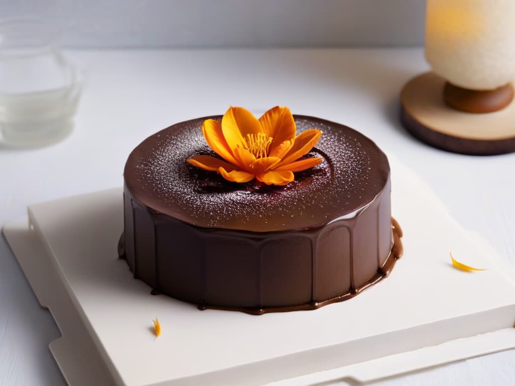  An image of a delicate, vibrant saffron pistil delicately placed on a rich chocolate dessert, showcasing the golden threads against the dark, decadent backdrop. The pistil glistens under a soft, natural light, highlighting its intricate details and creating a visually striking contrast that conveys a sense of luxury and sophistication. hyperrealistic, full body, detailed clothing, highly detailed, cinematic lighting, stunningly beautiful, intricate, sharp focus, f/1. 8, 85mm, (centered image composition), (professionally color graded), ((bright soft diffused light)), volumetric fog, trending on instagram, trending on tumblr, HDR 4K, 8K