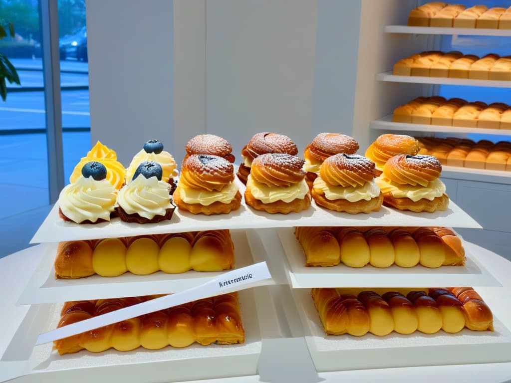  A minimalist image showcasing an elegant display of assorted pastries in a sleek, modern bakery setting. The pastries are artfully arranged on marble countertops, with soft natural light filtering through large windows, highlighting the exquisite details of each treat. The color palette is muted and sophisticated, emphasizing the textures and shapes of the pastries, creating a serene and inviting atmosphere that exudes luxury and quality. hyperrealistic, full body, detailed clothing, highly detailed, cinematic lighting, stunningly beautiful, intricate, sharp focus, f/1. 8, 85mm, (centered image composition), (professionally color graded), ((bright soft diffused light)), volumetric fog, trending on instagram, trending on tumblr, HDR 4K, 8K