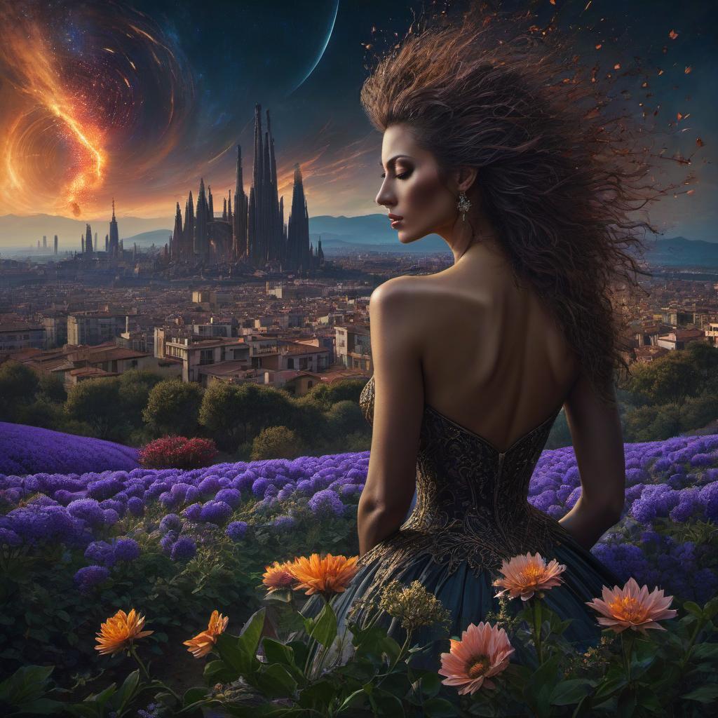  (stylized by Tomasz Alen Kopera:1.3) , dark art, dense flower field and Perseid meteor in background, landscape of a (Barcelona:1.2) , very Bizarre and 1600'S, Hurricane, Glitchcore, Amaro, layered textures, ornate, intricate artistic color, complimentary colors, very inspirational, atmosphere, fine artistic composition, sunny, theatrical hyperrealistic, full body, detailed clothing, highly detailed, cinematic lighting, stunningly beautiful, intricate, sharp focus, f/1. 8, 85mm, (centered image composition), (professionally color graded), ((bright soft diffused light)), volumetric fog, trending on instagram, trending on tumblr, HDR 4K, 8K