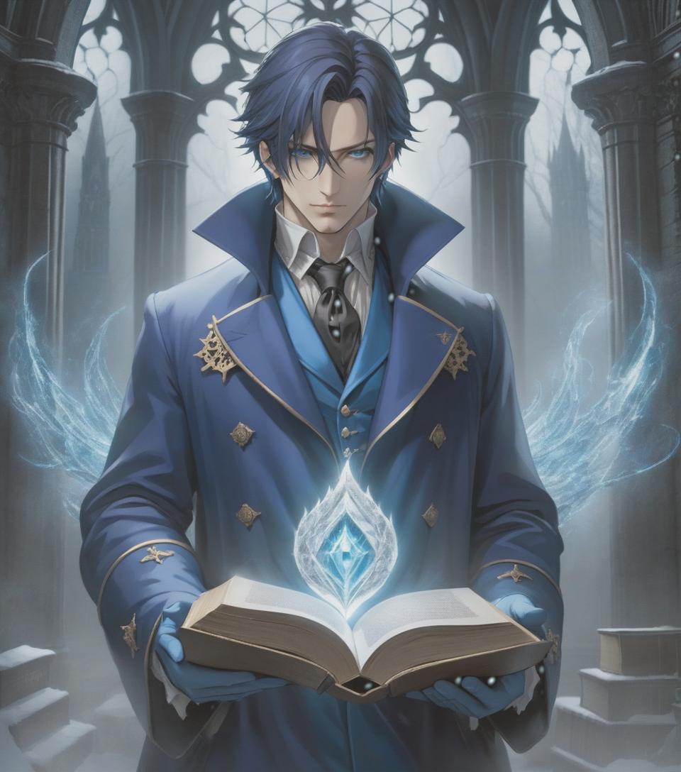  gothic style A man with a book in a blue coat of icy magic. . dark, mysterious, haunting, dramatic, ornate, detailed hyperrealistic, full body, detailed clothing, highly detailed, cinematic lighting, stunningly beautiful, intricate, sharp focus, f/1. 8, 85mm, (centered image composition), (professionally color graded), ((bright soft diffused light)), volumetric fog, trending on instagram, trending on tumblr, HDR 4K, 8K