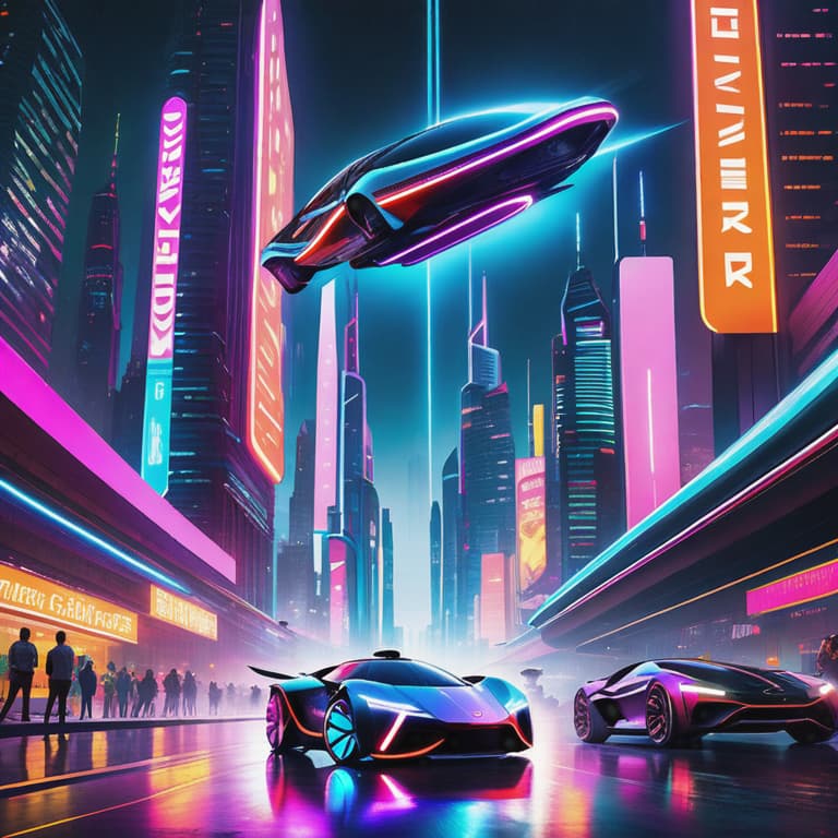  In this vivid neon-lit metropolis, sleek and aerodynamic flying cars seamlessly glide through the sky. Their vibrant neon lights create a hypnotic display against the pitch-black backdrop. These futuristic vehicles illuminate the night, leaving behind colorful trails of light as they soar gracefully between towering skyscrapers. The cars' metallic finishes glisten, reflecting the neon glow of the city below, giving them a cyberpunk aesthetic. Each vehicle is equipped with advanced technology, displaying holographic dashboard interfaces and emitting a low hum as they traverse the bustling cityscape. hyperrealistic, full body, detailed clothing, highly detailed, cinematic lighting, stunningly beautiful, intricate, sharp focus, f/1. 8, 85mm, (centered image composition), (professionally color graded), ((bright soft diffused light)), volumetric fog, trending on instagram, trending on tumblr, HDR 4K, 8K